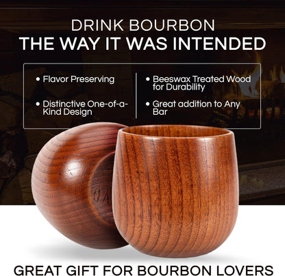 Two uncharred wooden bourbon whiskey glass cups, one on its side, with text highlights: flavor-preserving, durable, unique design, great bar addition