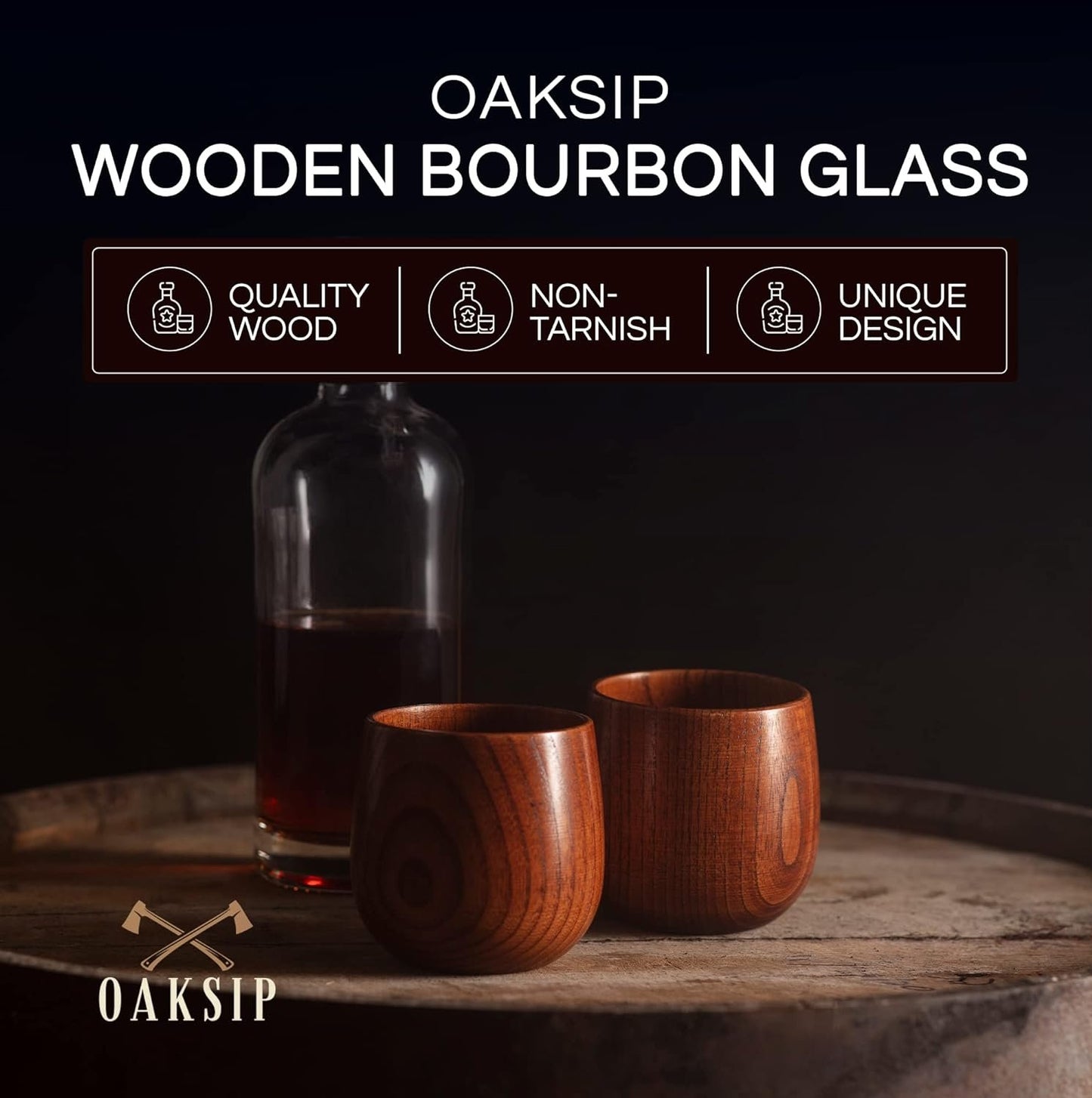 Two uncharred wooden bourbon whiskey glass cups with text highlights: high-quality wood, durable, unique design