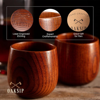 Two uncharred wooden bourbon whiskey glass cups with text: laser-engraved etching, expert craftsmanship, great gift for men