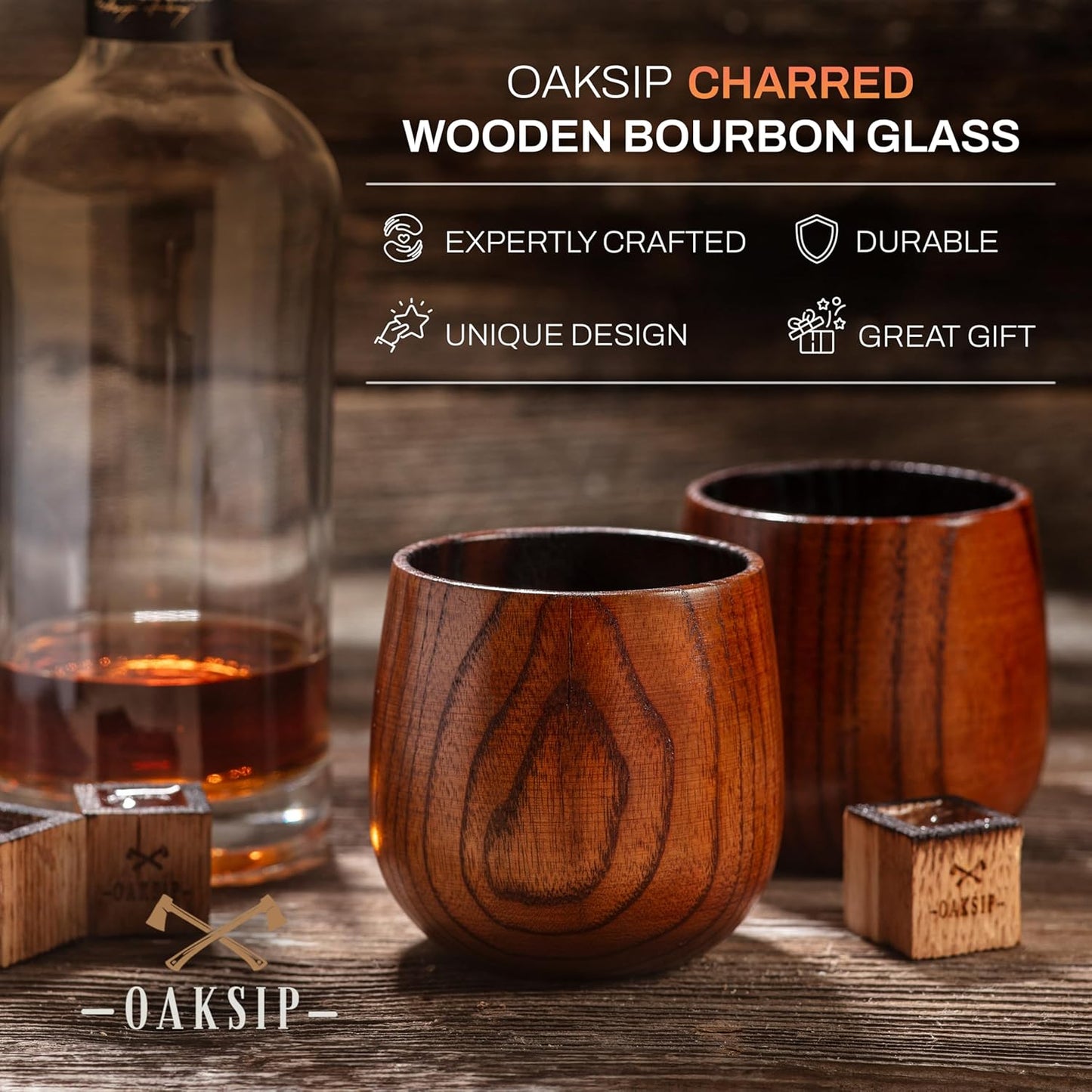 Two charred wooden bourbon glass cups with charred oak whiskey stones, text highlights: expertly crafted, durable, unique design, great gift