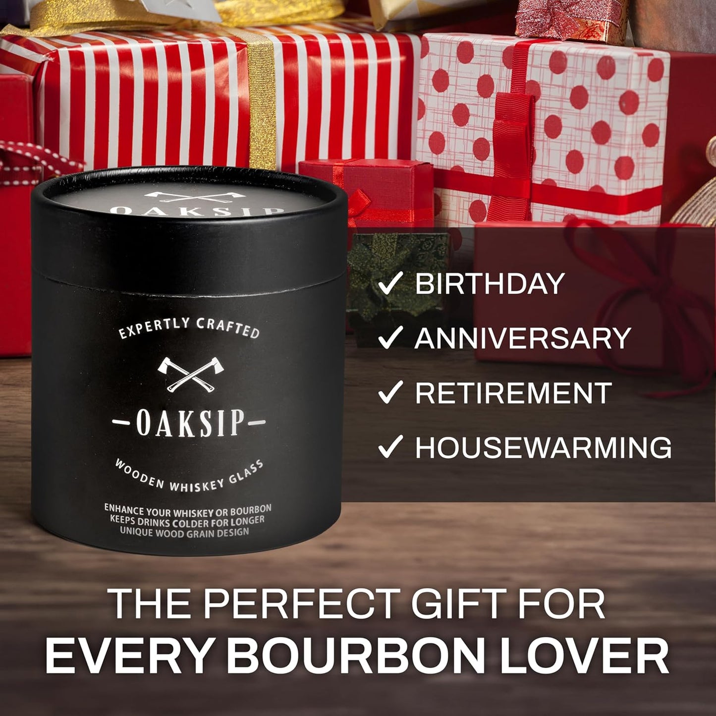 Packaging of charred wooden bourbon whiskey glass cup with gift highlights: Birthday, Anniversary, Retirement, Housewarming, the perfect gift for every bourbon lover