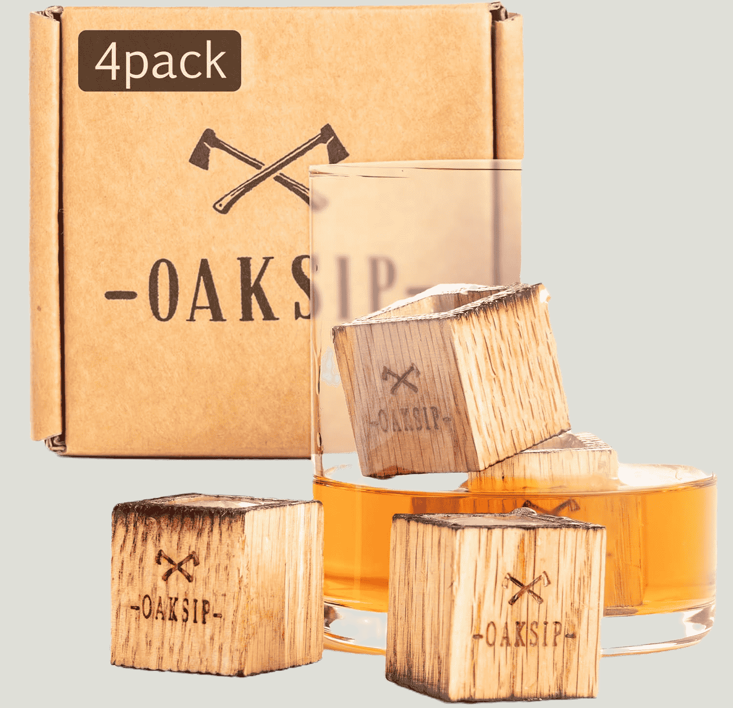 Charred oak whiskey stones with packaging - bourbon whiskey ice cubes for chilling drinks