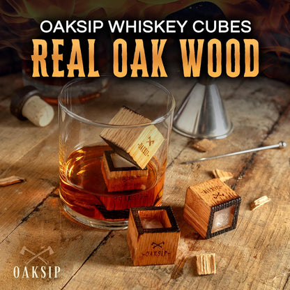 Charred oak whiskey stones in whiskey glass - bourbon whiskey ice cubes