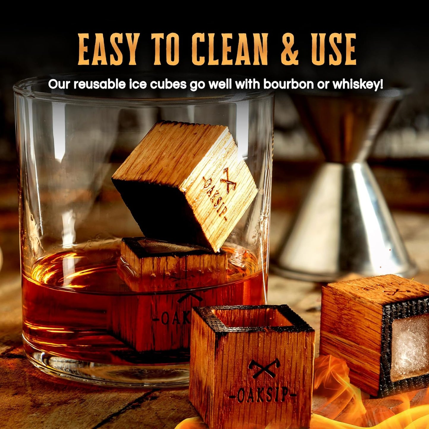 Charred oak whiskey stones in whiskey bourbon glass - reusable ice cubes